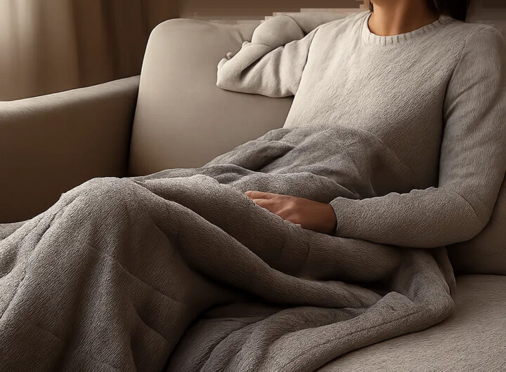 Une scène chaleureuse illustrant l’usage d’une couverture chauffante pour favoriser la détente et la récupération musculaire. L’ambiance met en avant le confort, la simplicité et le bien-être à la maison.