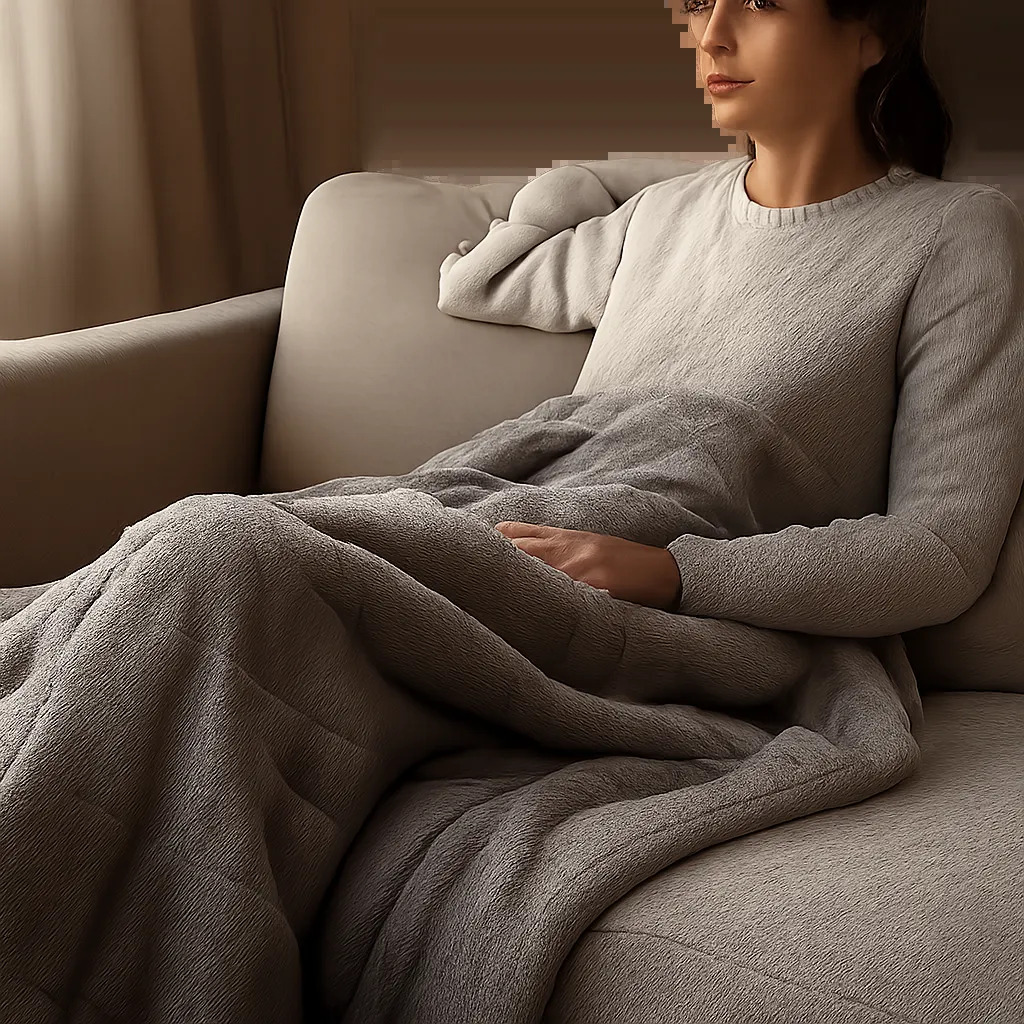 Une scène chaleureuse illustrant l’usage d’une couverture chauffante pour favoriser la détente et la récupération musculaire. L’ambiance met en avant le confort, la simplicité et le bien-être à la maison.