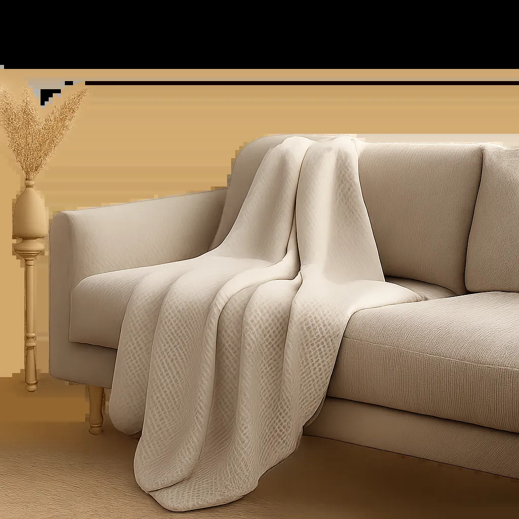 Un plaid en coton posé sur un canapé élégant, illustrant une chaleur douce et respirante. L’image évoque un confort quotidien premium, adapté au salon comme au lit.