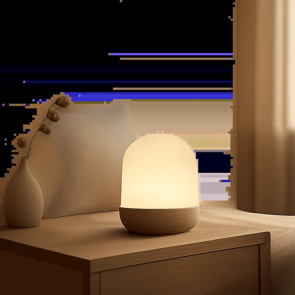 Illustration d’un réveil progressif dans une chambre minimaliste et lumineuse. L’ambiance évoque le calme, la transition douce entre sommeil et éveil et le confort d’usage au quotidien.