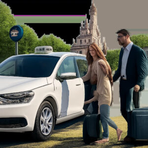 Une illustration rassurante montrant un taxi confortable prêt pour un transfert vers Disneyland Paris. L’image évoque la ponctualité, la simplicité de réservation et le voyage en famille sans stress.