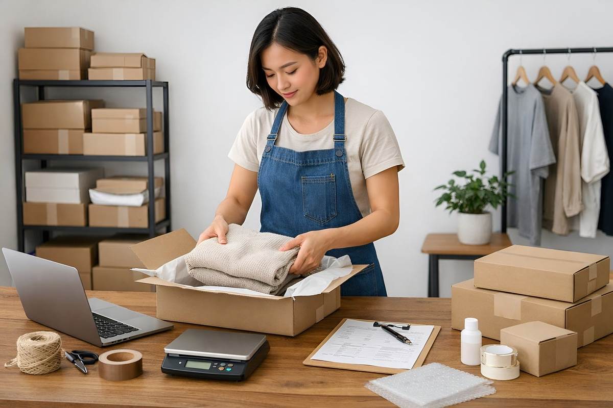 femme emballe des habits dans une boîte sur un bureau