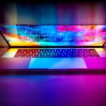 Un ordinateur portable ouvert sur une surface, écran coloré et clavier visibles