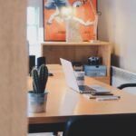 Un bureau avec ordinateur, cactus, chaise et tableau mural