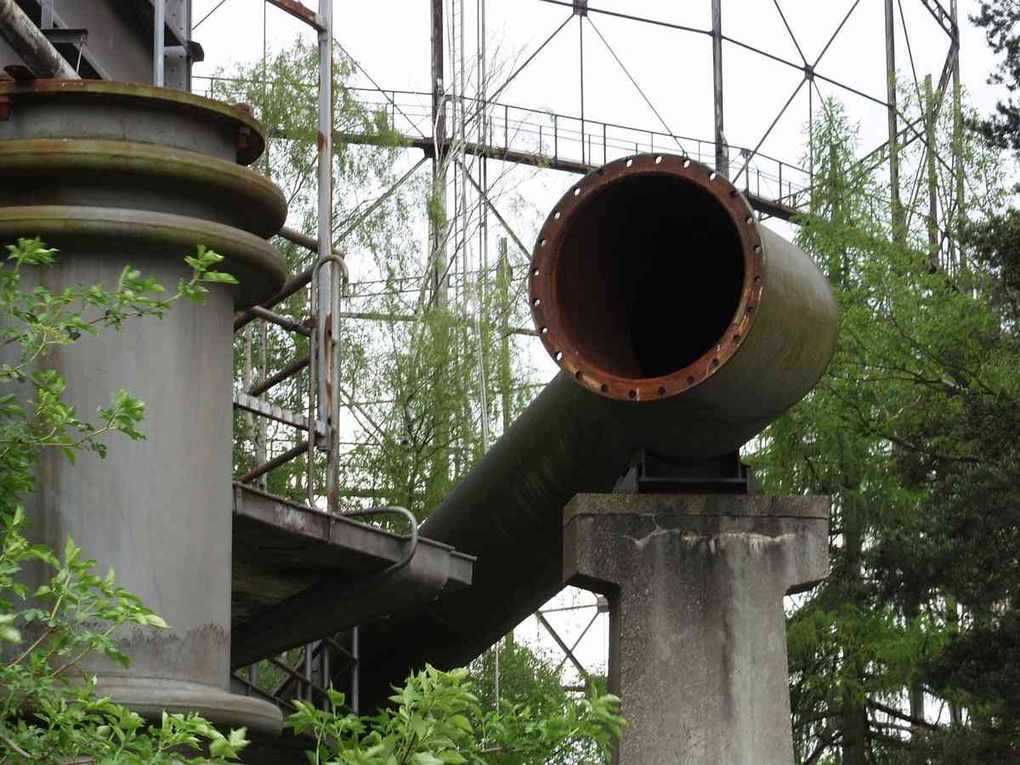 Une installation industrielle abandonnée, avec des tuyaux rouillés et des arbres qui l'entourent